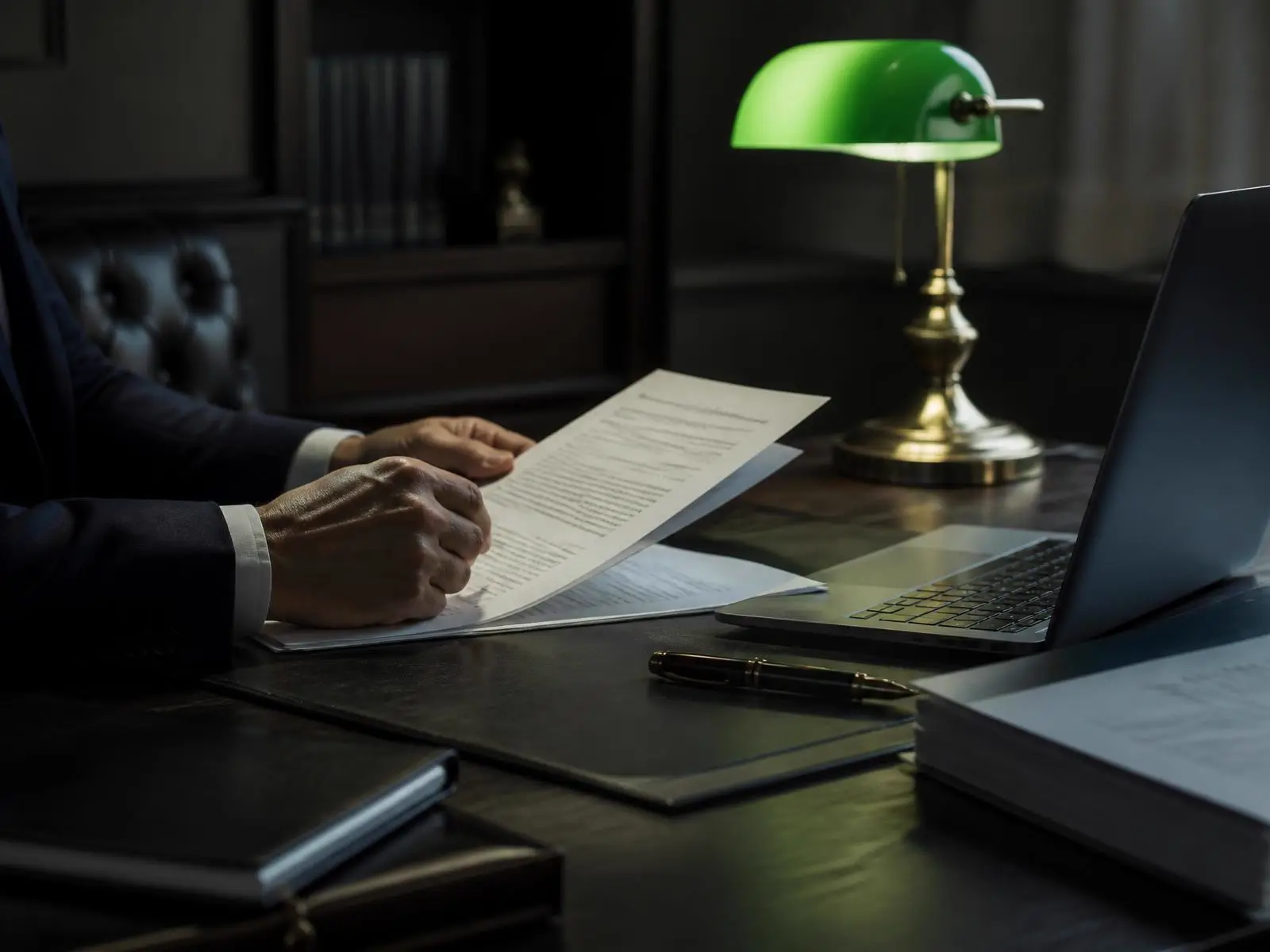 Profissional analisando documentos contratuais sobre uma mesa executiva